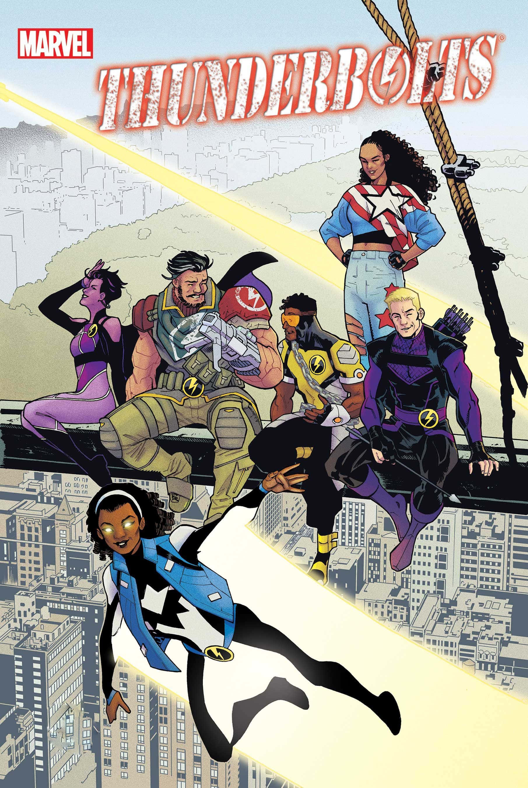 Thunderbolts 桌布 壁紙 — Marvel Thunderbolts 團隊以大膽的漫畫藝術和鮮豔的超級英雄服裝，在城市天際線上動態擺姿勢。
