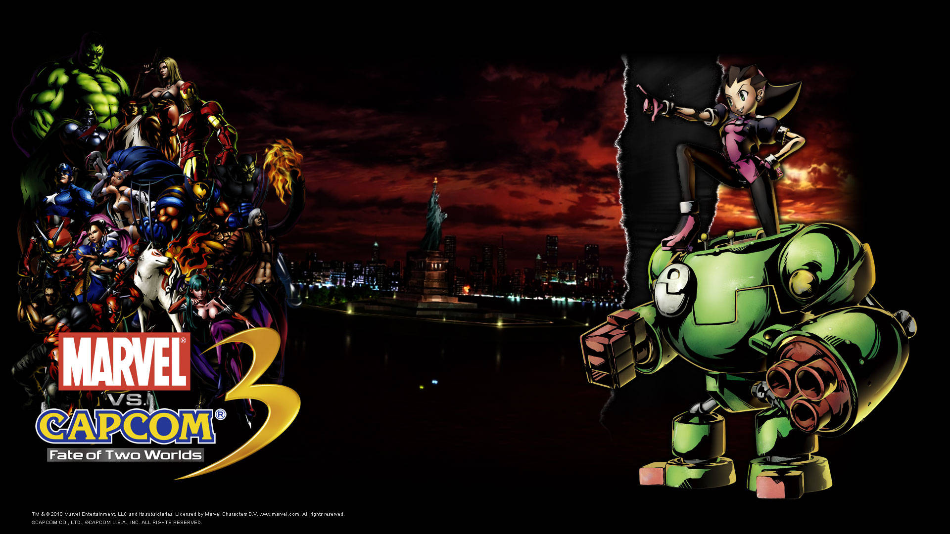 Marvel Vs. Capcom Tron Bonne 壁紙 — Marvel 和 Capcom 的英雄在黃昏時分，在右邊有一個機器人戰士，與火熱的紐約天際線交戰。