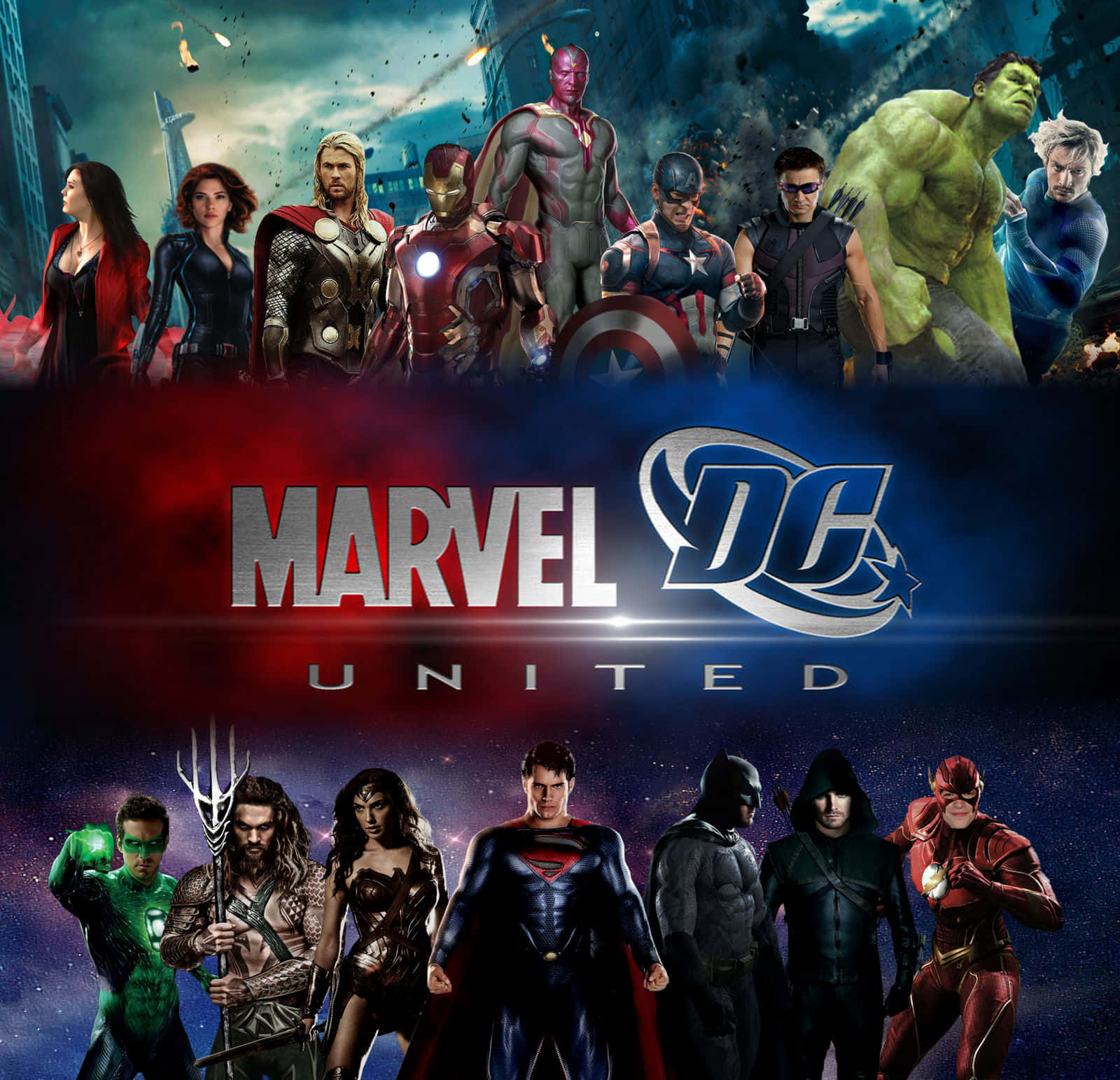 正義聯盟 桌布 壁紙 — Marvel 和 DC 超級英雄在宇宙和城市背景下團結一致，呈現戲劇性的戰鬥場景。