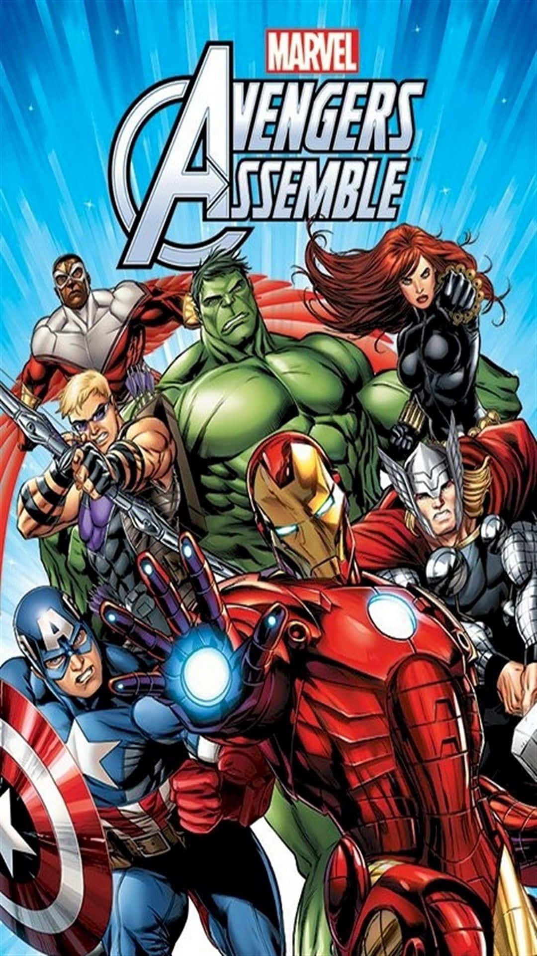Earth's Mightiest Heroes 桌布 壁紙 — Marvel 復仇者聯盟以動感漫畫藝術風格集結，色彩大膽，姿態英勇，背景為耀眼的藍色。