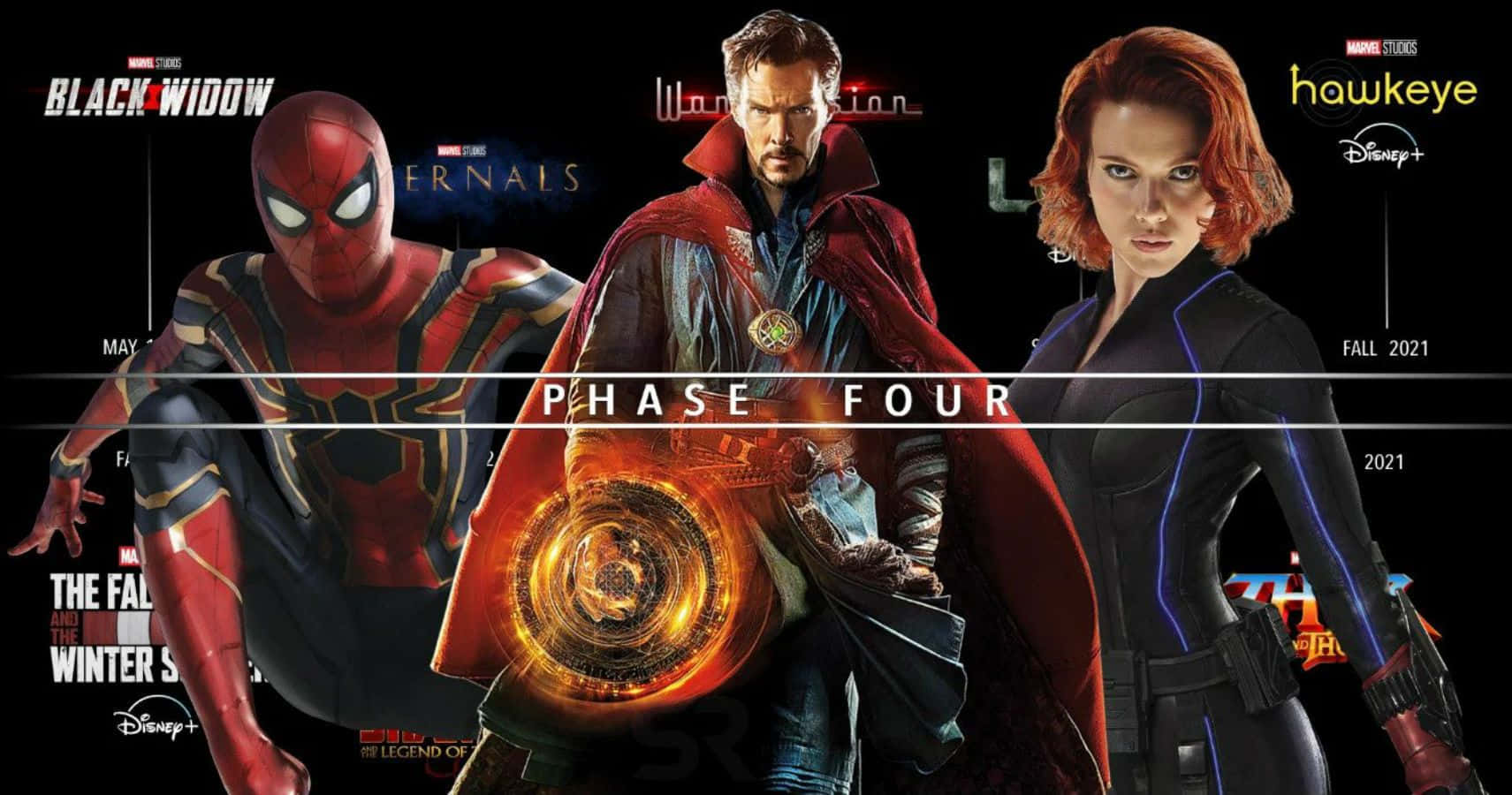 Mcu Phase Four 桌布 壁紙 — Marvel 第四階段宣傳海報， featuring Spider-Man、Doctor Strange 和 Black Widow 以動感超級英雄姿勢呈現，背景為深色，附有發行日期。