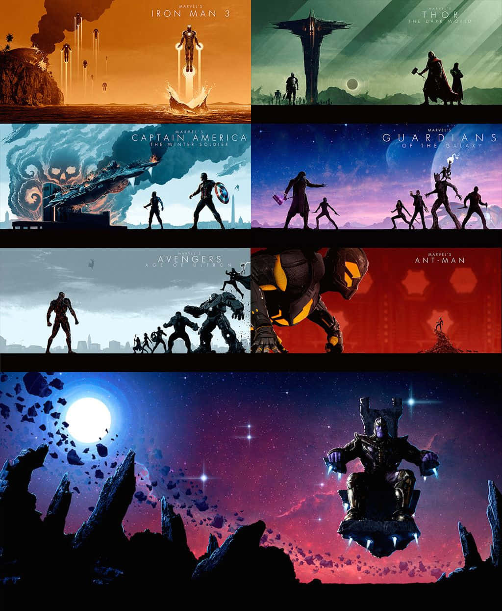 Mcu Phase Three 桌布 壁紙 — Marvel 電影海報拼貼， featuring 標誌性角色如 Iron Man、Thor 和 Thanos 在戲劇性的電影場景中。