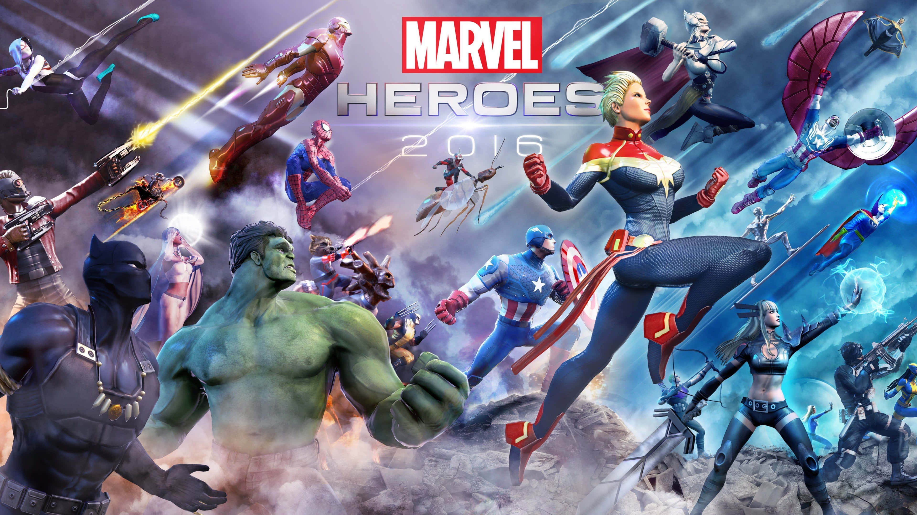 4K Marvel 壁紙 桌布 壁紙 — Marvel英雄如Hulk、Captain America和Captain Marvel在充滿能量光束和爆炸的動態戰鬥場景中飛翔和衝突。