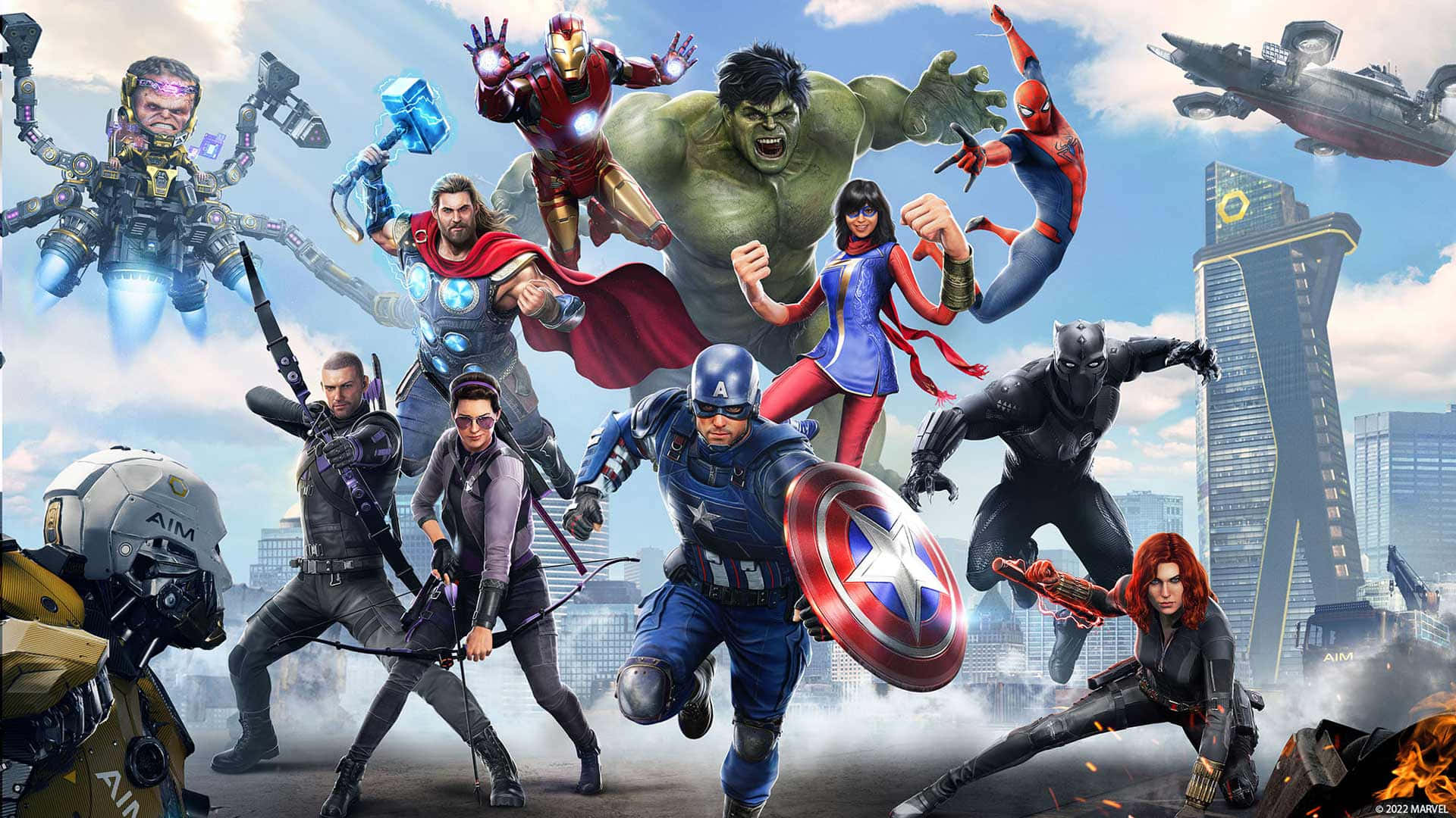 New Avengers 桌布 壁紙 — Marvel超級英雄包括變形俠醫、鐵甲奇俠和美國隊長在城市景觀中對著明亮的天空動態擺姿勢。
