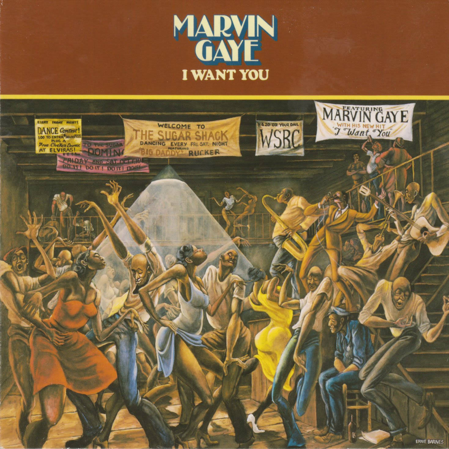 Marvin Gaye《I Want You》專輯封面 壁紙 — 充滿活力的1960年代夜總會場景插圖，舞者和音樂家在閃爍的燈光下表演。
