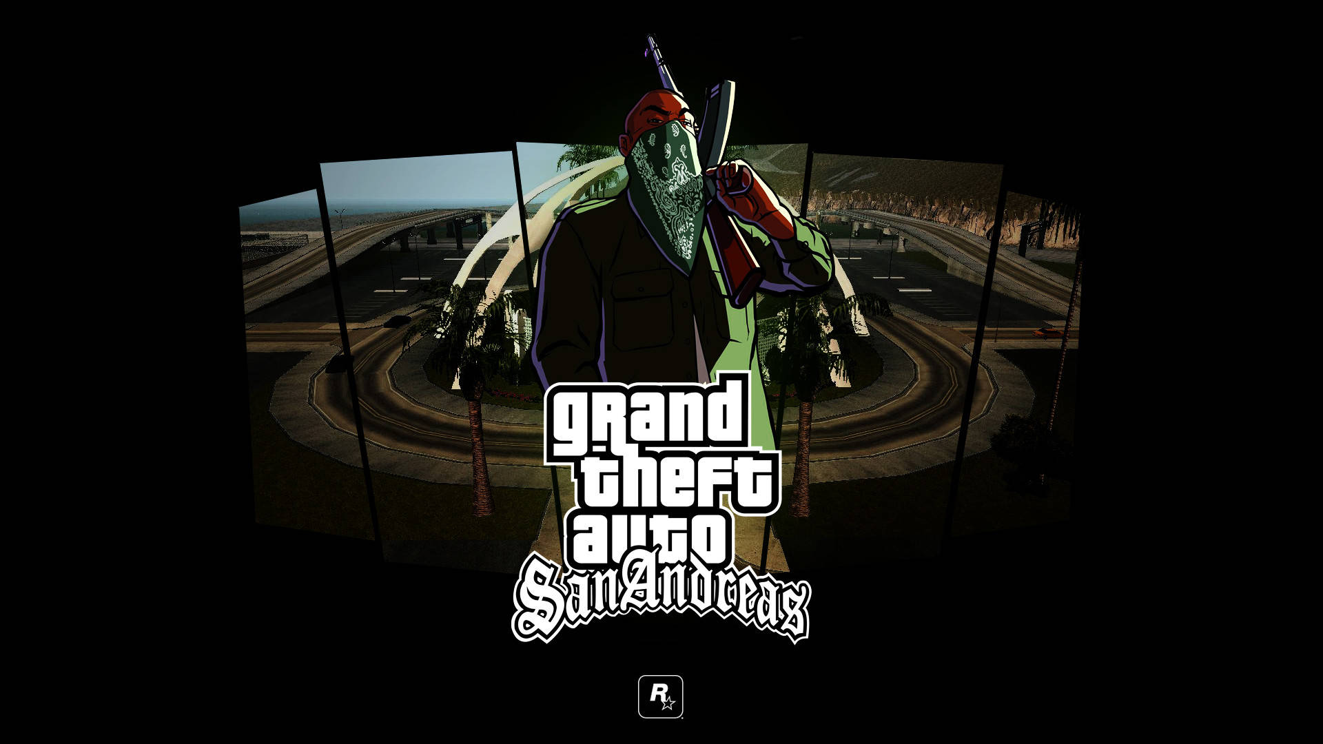 GTA San Andreas 標誌，戴面具的角色在高速公路場景上方手持步槍。 — 槍 壁紙