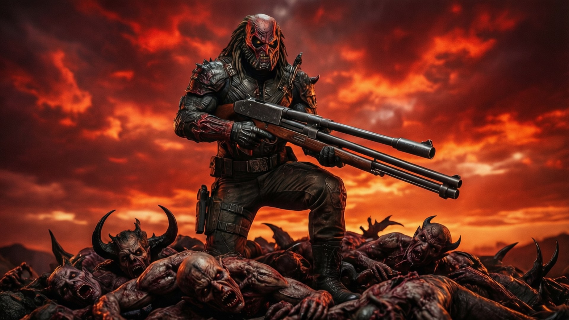 Doomguy 桌布 壁紙 — 一名戴面具的戰士跪在一堆被擊敗的惡魔敵人之上，天空火紅橙黃。