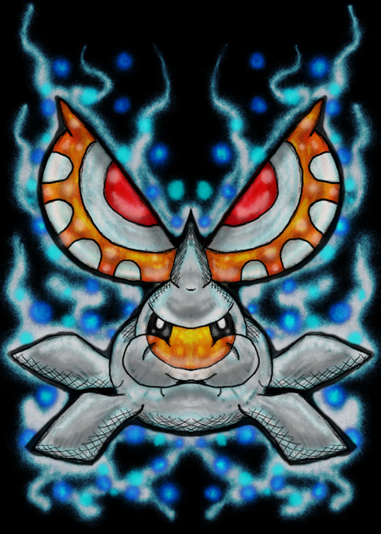 Masquerain粉絲藝術 壁紙 — 一條風格化的卡通鯊魚，擁有火橙色眼睛和藍色電光環，背景為黑色。