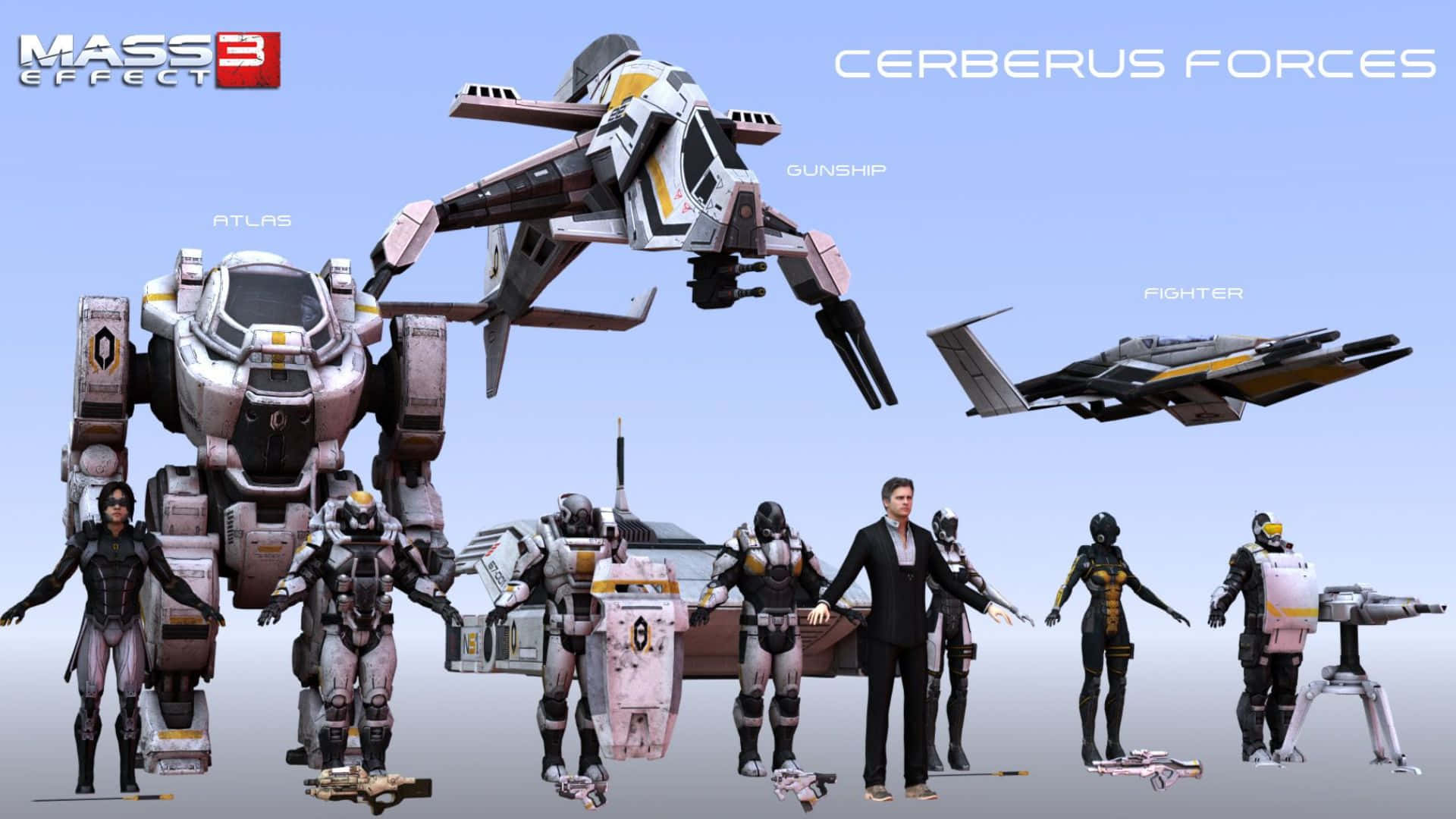 Mass Effect Cerberus 桌布 壁紙 — Mass Effect 3 Cerberus Forces 概念藝術，展示裝甲士兵和未來戰爭機器，背景為樸素的天空。