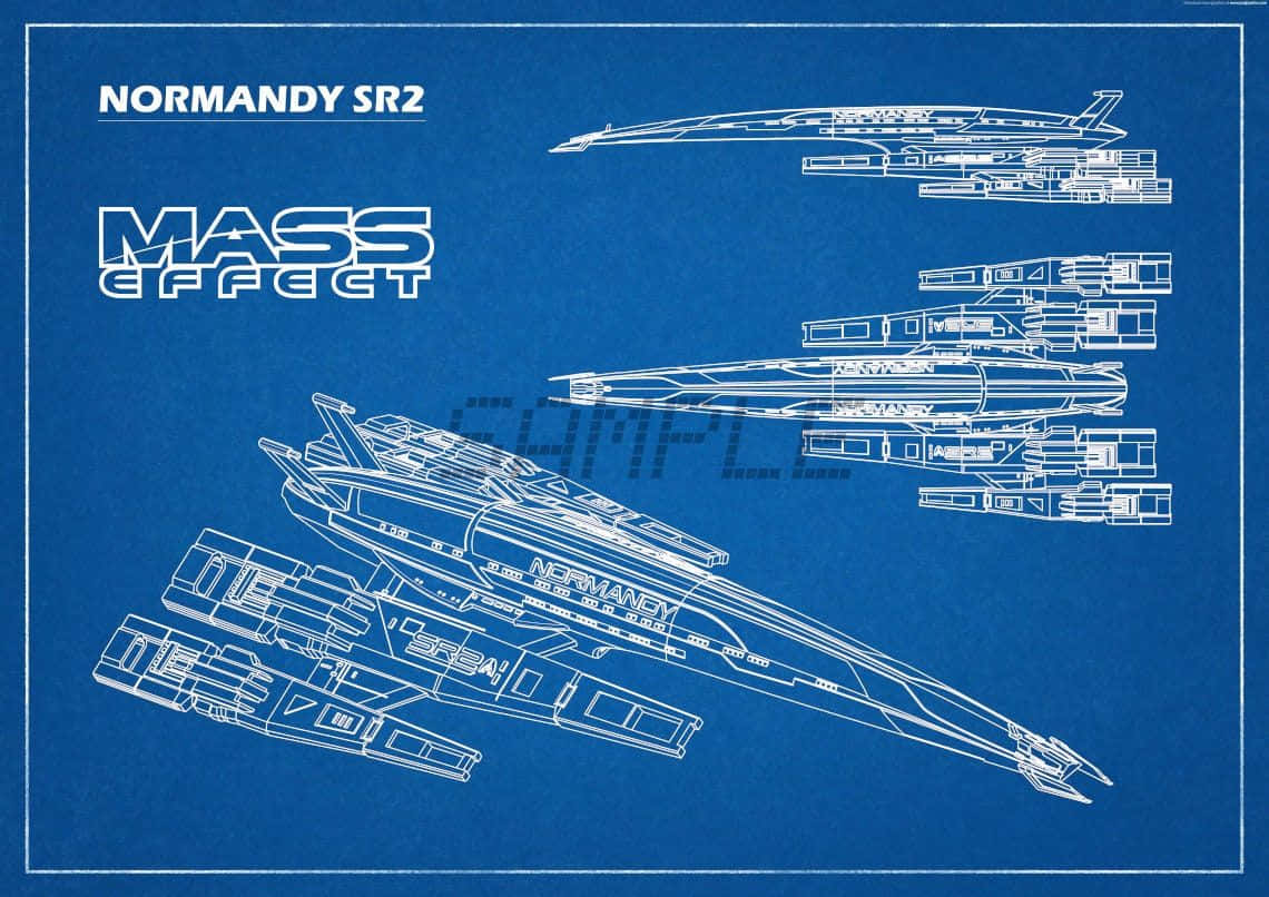 Normandy Sr-2 桌布 壁紙 — Mass Effect中諾曼第SR2太空船的藍圖風格技術圖紙，皇家藍背景。