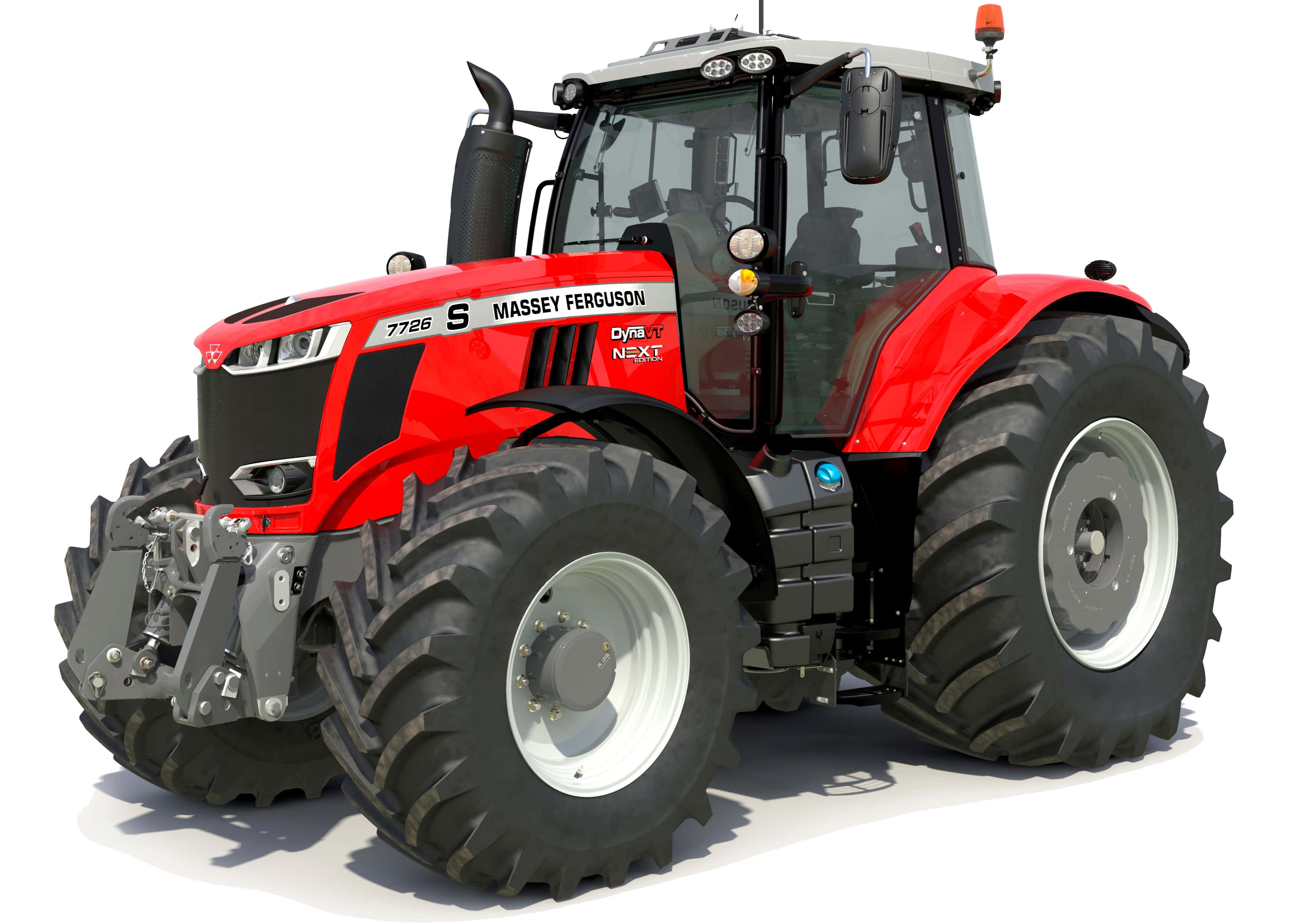 透明背景下的Massey Ferguson拖拉機 壁紙 — 一部時尚的紅色Massey Ferguson 7726 S拖拉機，配備大型黑色輪胎，孤立在白色背景上，展示其現代農業設計。