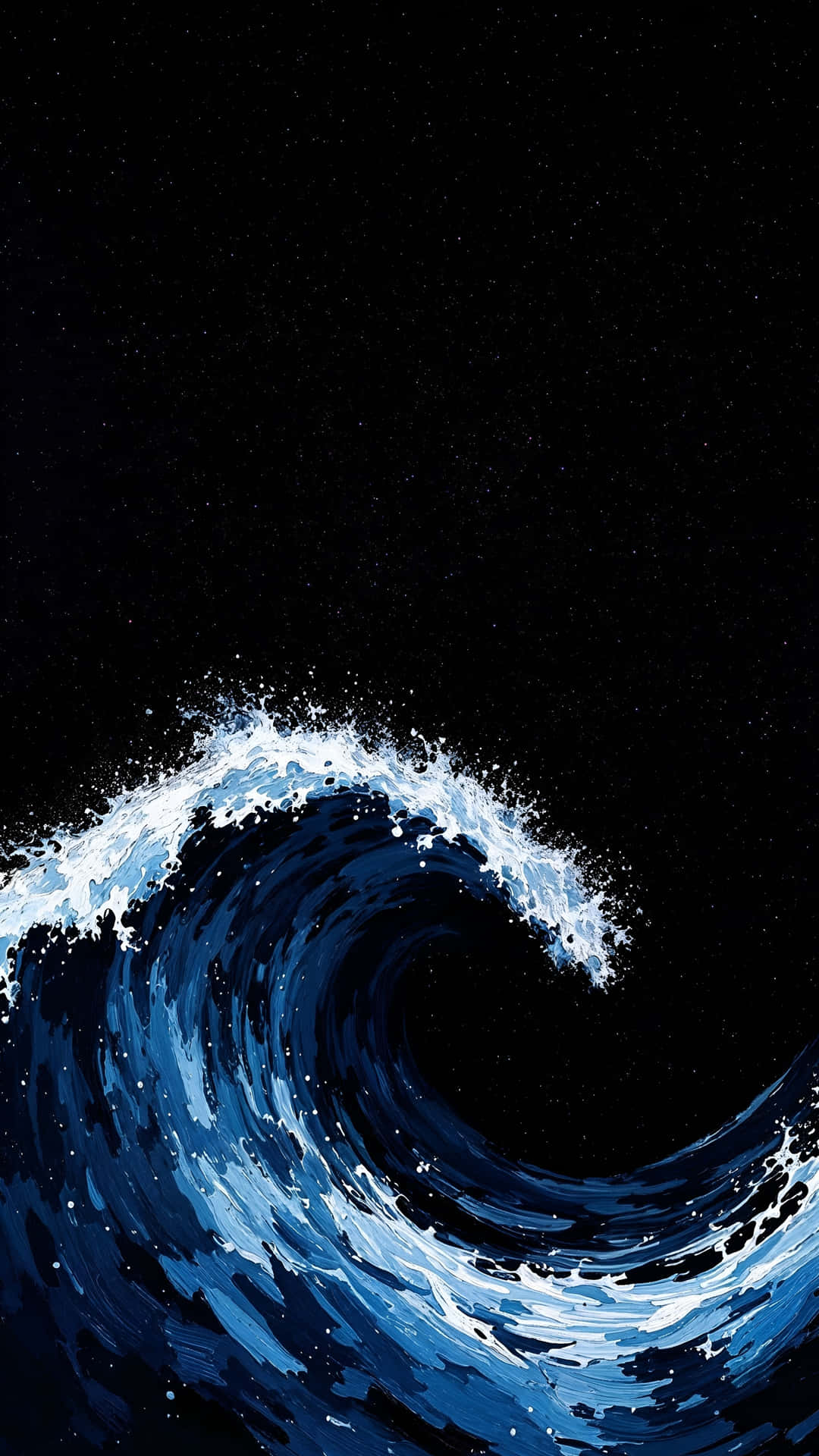  壁紙 — 巨大的藍色波浪在佈滿星星的黑色天空中彎曲，白色的泡沫向上噴灑。