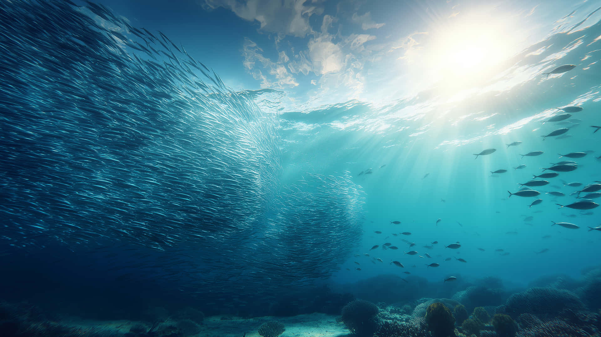 陽光穿過珊瑚礁上方的海面，下方有大型魚群旋轉