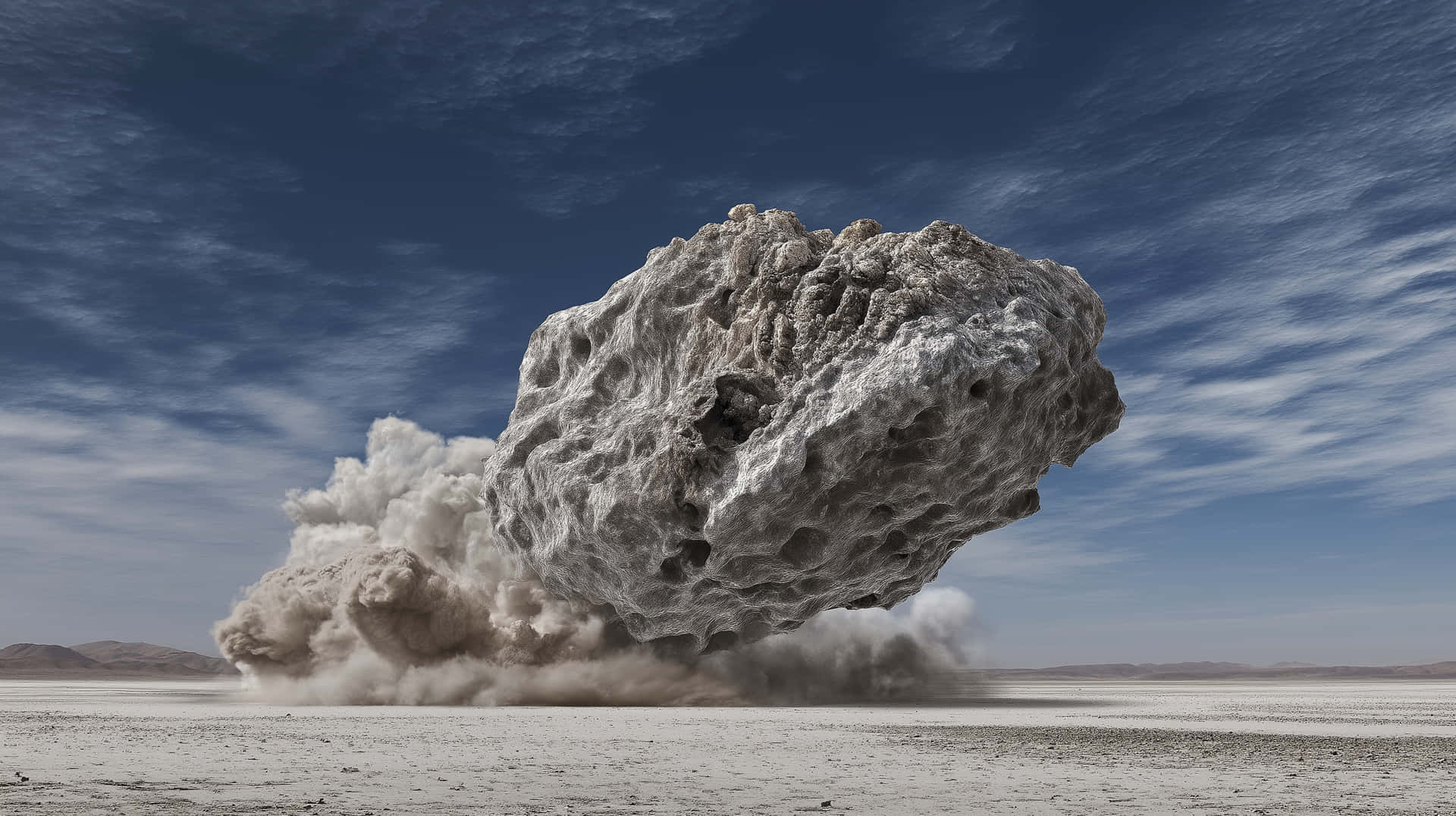 Massive Meteorite Crashing into Arid, Deserted Landscape 壁紙 — 一塊巨大的多孔岩石懸浮在半空中，下方是塵土飛揚的沙漠地面，上方是廣闊的藍天和縷縷白雲。