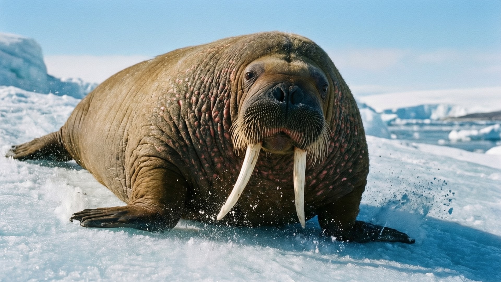 walrus 桌布 壁紙 — 一隻巨大的海象，長有長長的象牙，在晴朗的藍天下，躺在雪白的浮冰上休息。