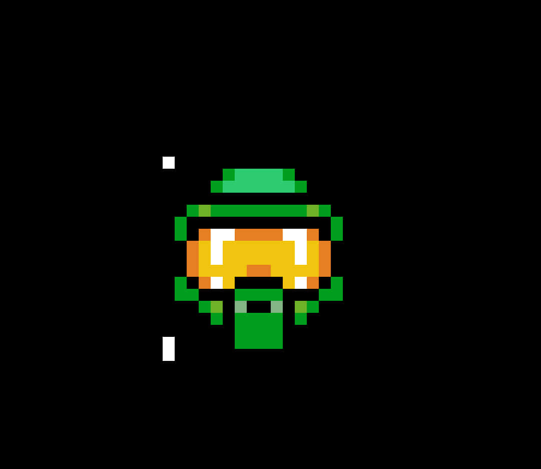 像素風格Master Chief 壁紙 — 一個像素化的綠色小妖精，黃色臉龐，白色鬍鬚，站在黑色背景前。