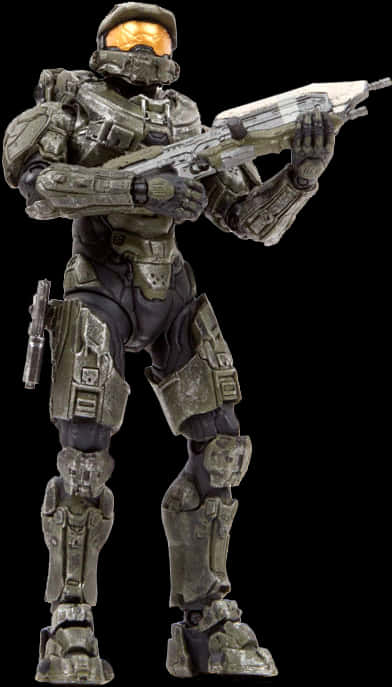 Master Chief持步槍 壁紙 — 一個詳細的士官長動作人偶，身穿全套盔甲，手持步槍，背景為黑色。