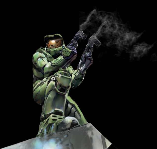 Master Chief雙持手槍 壁紙 — 一名身穿綠色盔甲的士兵在黑色背景下開火，煙霧滾滾。