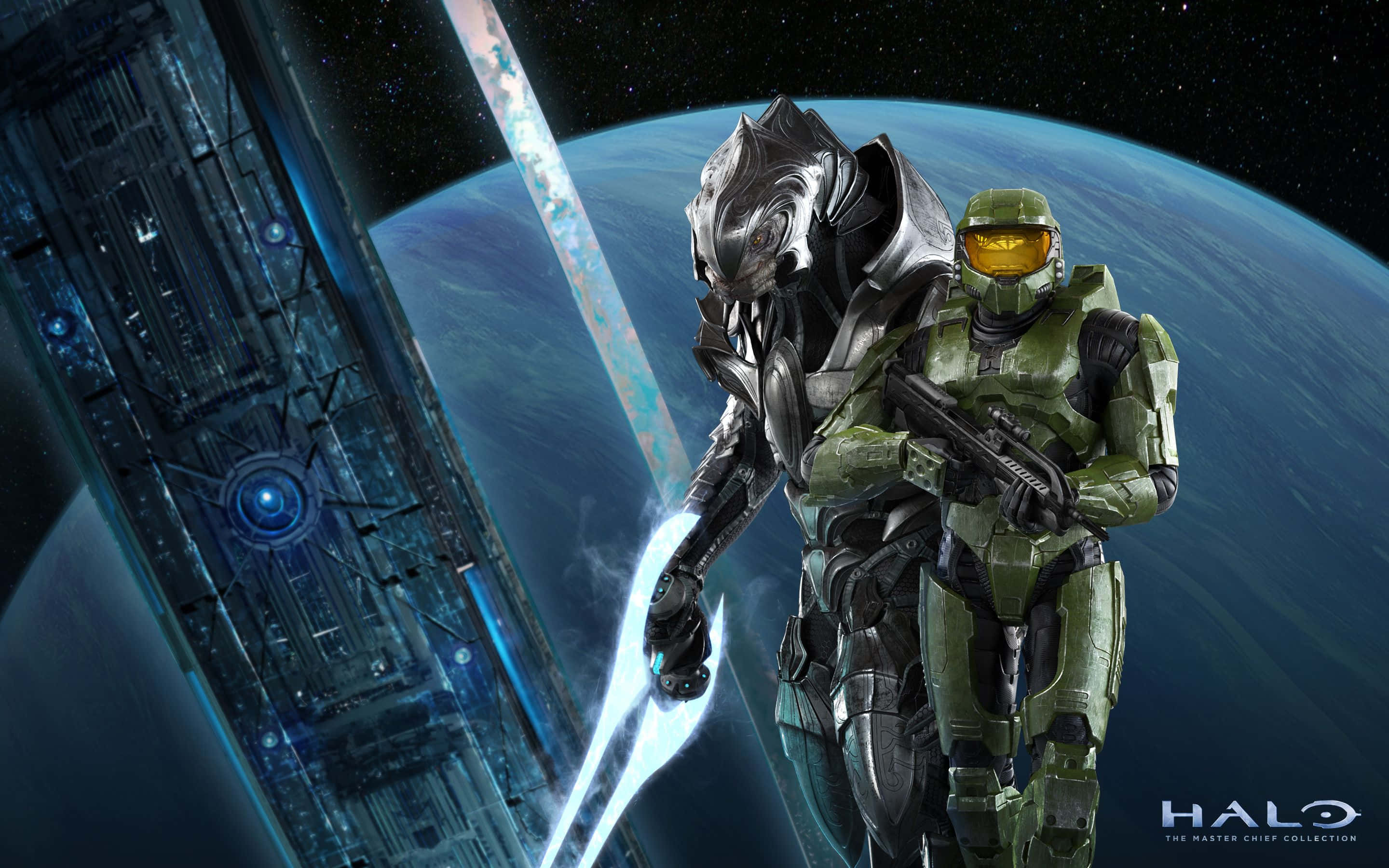 Halo Arbiter 桌布 壁紙 — Master Chief 與一名先行者戰士站在太空中，身旁有一把發光的劍和一艘巨大的飛船，背後是一顆藍色星球。