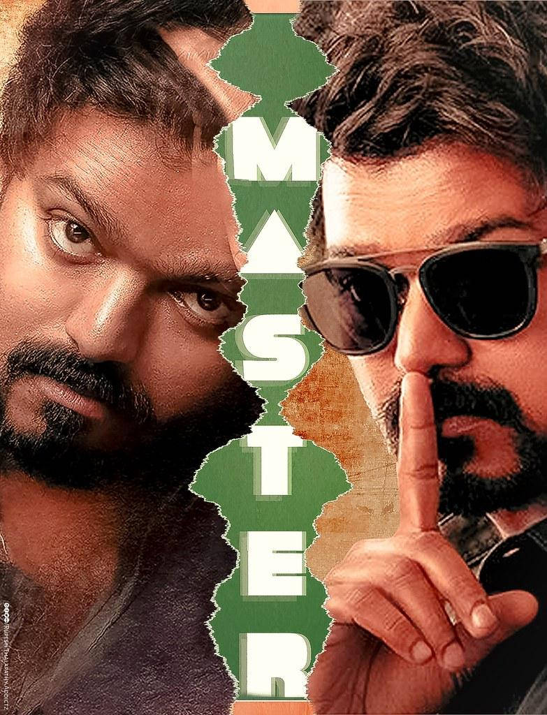 Master Vijay 電影海報 壁紙 — 兩個強烈的男人被一張綠色撕裂的海報（帶有「MASTER」文字）分開，一個怒視，另一個將手指放在嘴唇上。