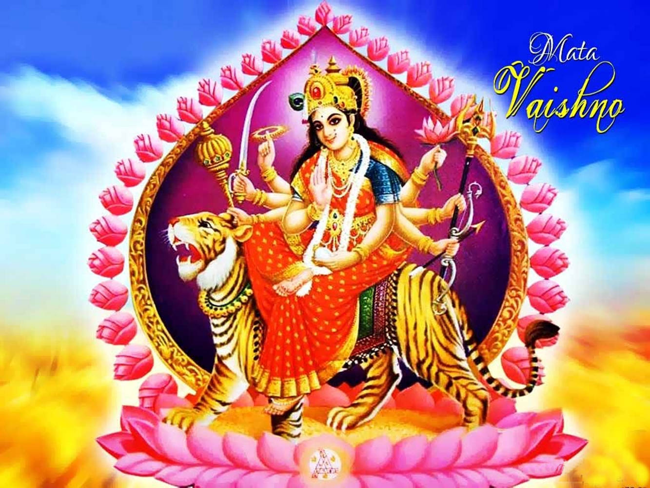 女神 Vaishno 騎著老虎站在粉紅蓮花上，帶有粉紅蓮花邊框和藍天。