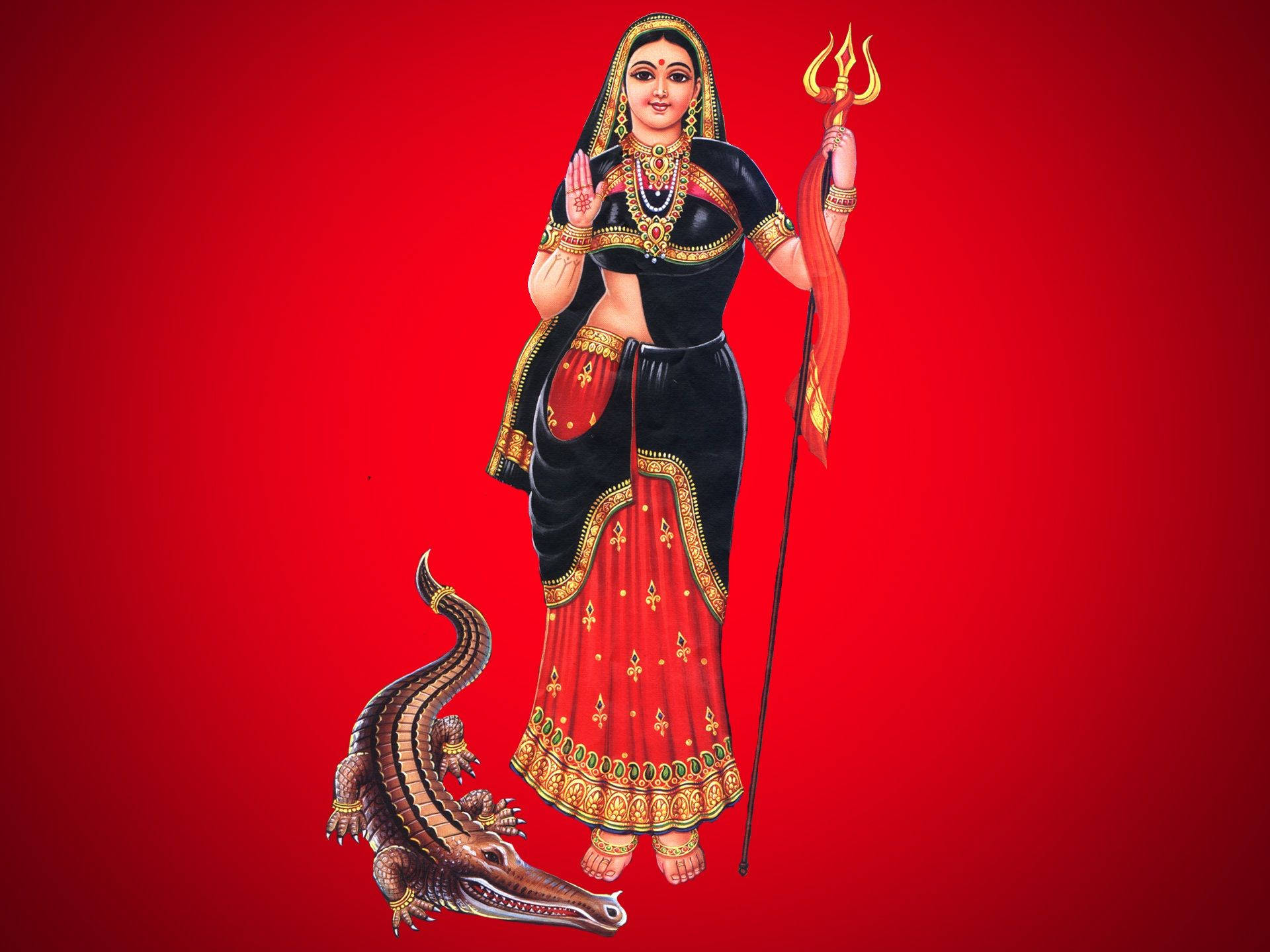 Mataji 紅底鱷魚藝術 壁紙 — 一位身穿黑紅服飾、飾有金色點綴的神聖女神，優雅地手持三叉戟，站在一條鑲有寶石的鱷魚旁邊，背景是鮮豔的紅色。