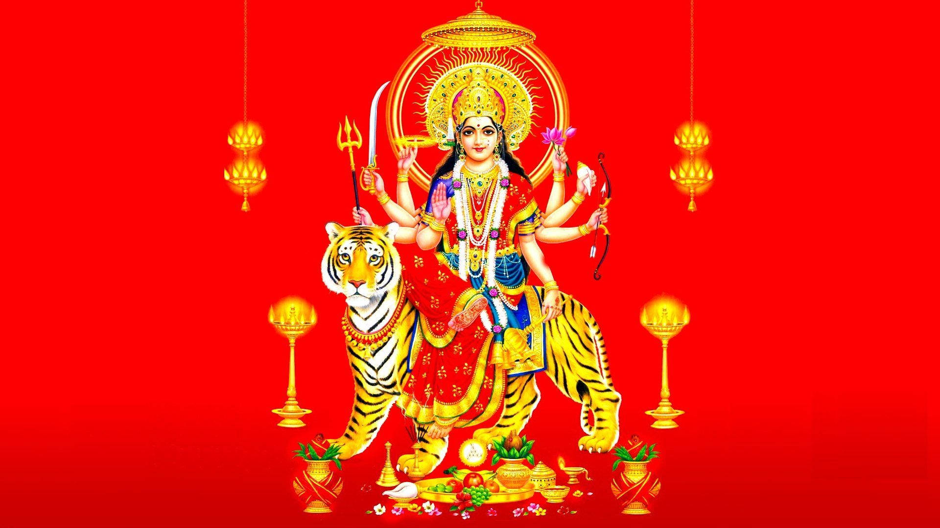 Mataji 黃虎紅底藝術 壁紙 — 一幅充滿活力的插圖，描繪印度教女神杜爾迦騎著老虎，背景為大膽的紅色，並有金色燈籠。