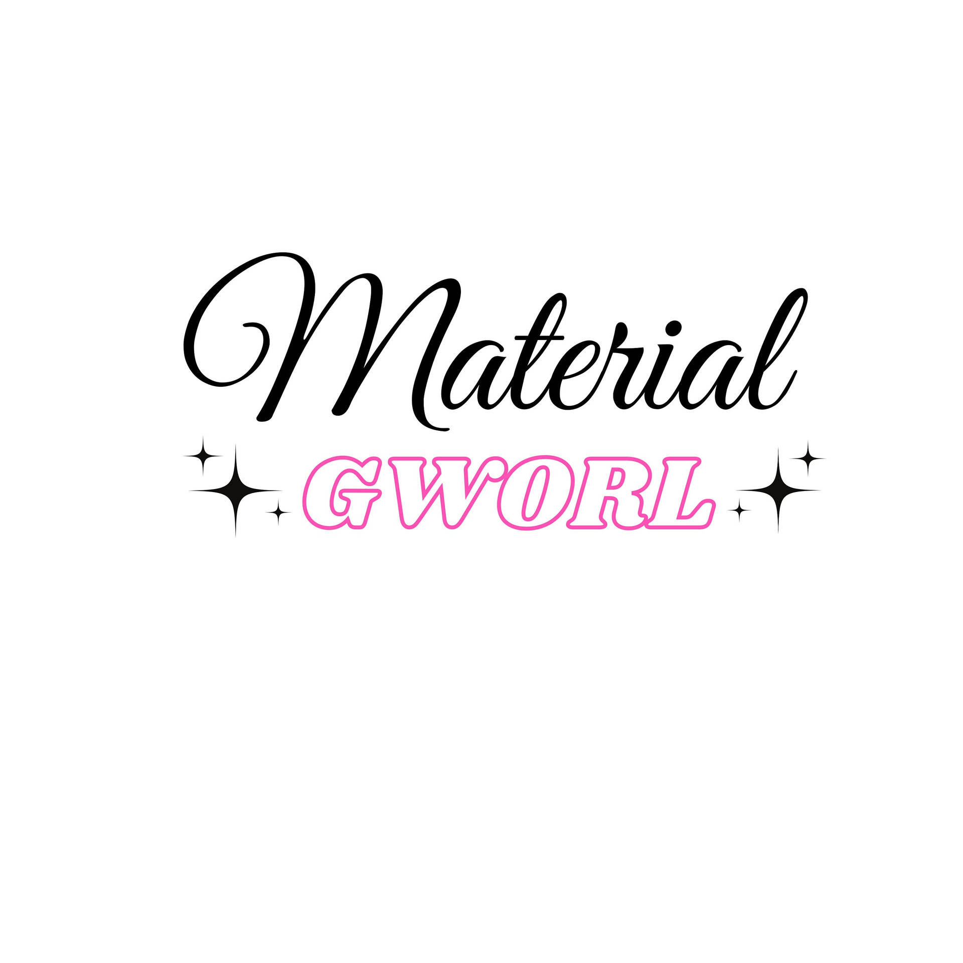 風格化標誌，'Material' 以黑色草書顯示，'GWORL' 以粉紅色輪廓字體顯示，並帶有星星爆發效果。