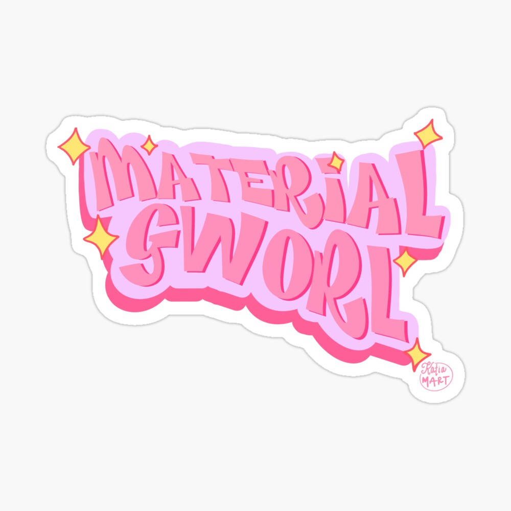 粉紅色和紫色3D文字貼紙，帶有黃色星星，寫著「MATERIAL GWOORL」