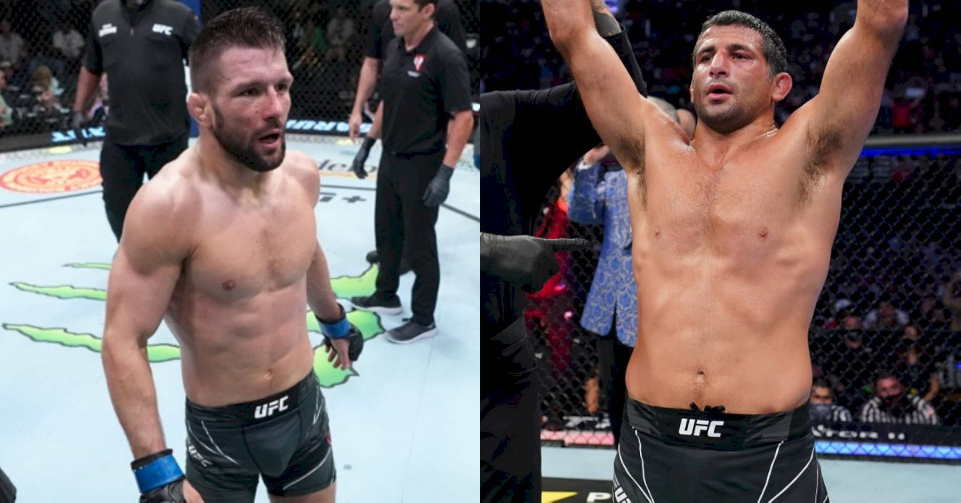 八角籠中的兩名UFC拳手，一人慶祝勝利，另一人低頭。