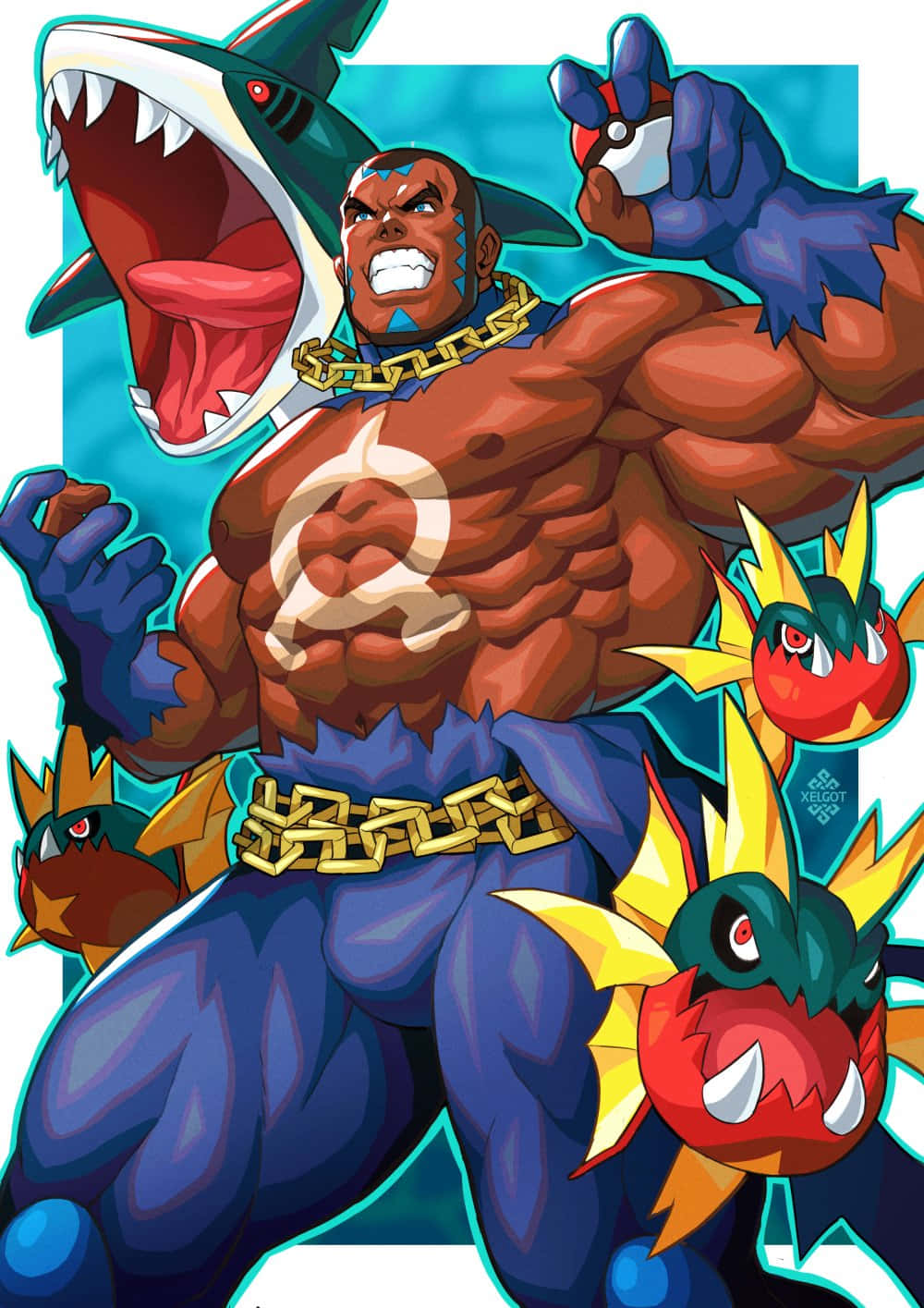 Matt 與 Sharpedo 和 Carvanha 壁紙 — 一個肌肉發達的動漫英雄，擁有鯊魚頭和精靈球，被火焰般的龍形生物包圍，呈現大膽的漫畫藝術風格。
