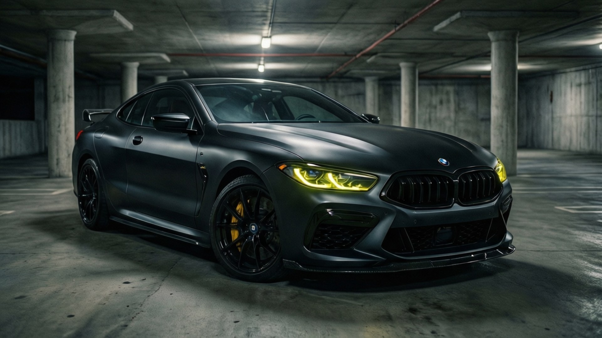 啞光黑色BMW M8 Coupe，黃色頭燈，在黑暗的混凝土車庫中。