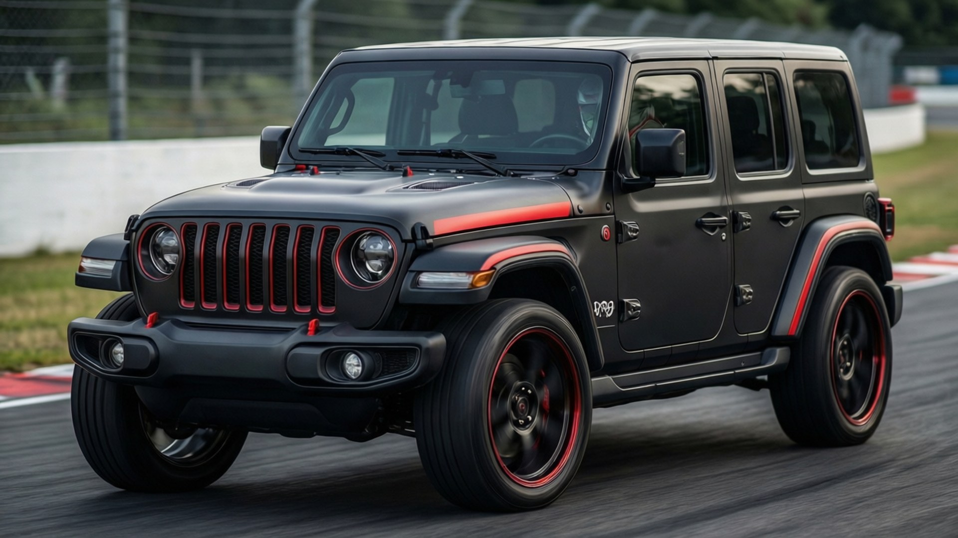 啞光黑色Jeep Wrangler帶紅色飾邊在賽車場上飛馳
