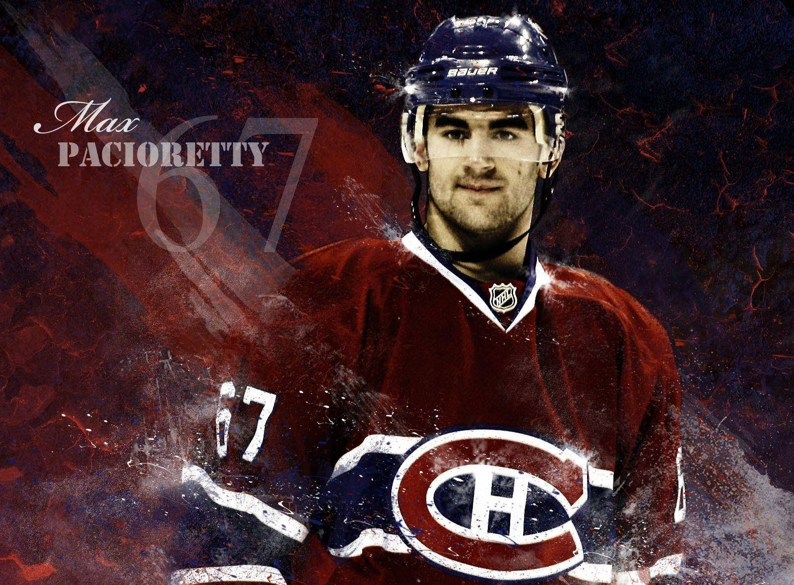 Max Pacioretty 冰球圖像藝術 壁紙 — 冰球運動員 Max Pacioretty 身穿蒙特利爾加拿大人隊球衣，背景為大膽的紅色和黑色潑濺效果。