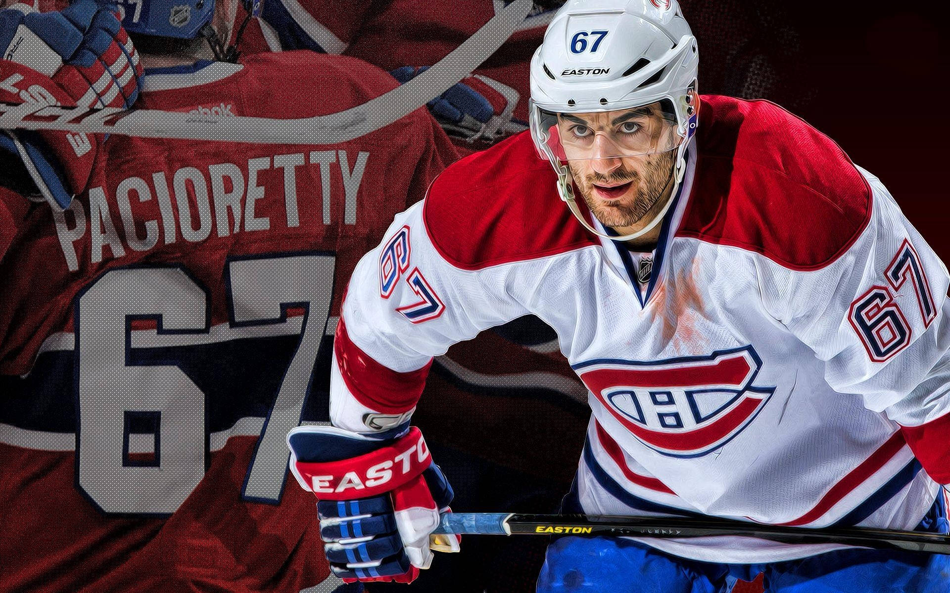 Max Pacioretty 粉絲藝術海報 壁紙 — 一名專注的冰球運動員，身穿白色和紅色的蒙特利爾加拿大人隊球衣，號碼67，在比賽中握著球桿。