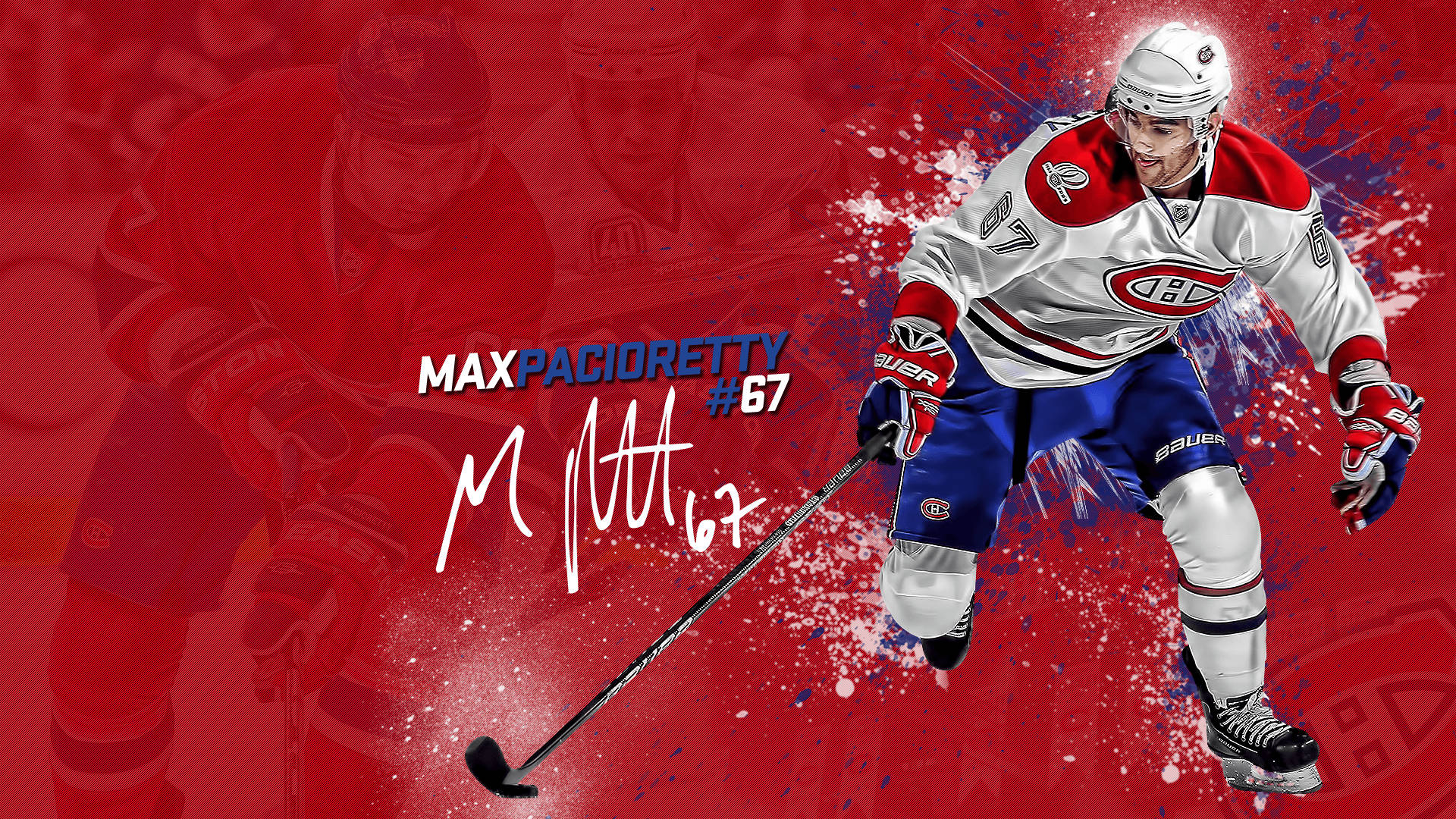 Max Pacioretty 蒙特利爾加拿大人隊粉絲藝術畫 壁紙 — 冰球運動員 Max Pacioretty 身穿蒙特利爾加拿大人隊制服，在充滿活力的紅色潑濺背景前動態向前滑行。