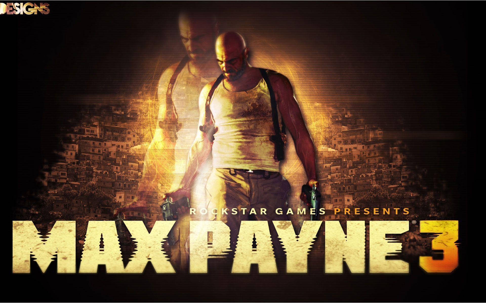 Max Payne 3 遊戲封面，展示一個光頭男人在黑暗的城市環境中手持槍支。