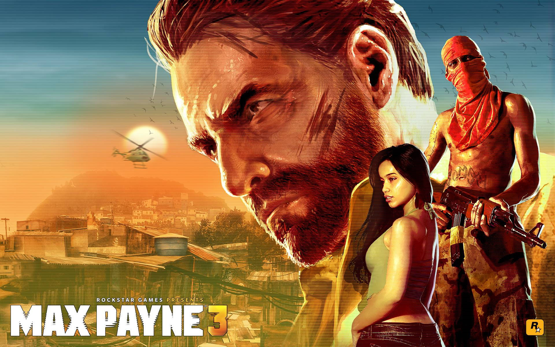Max Payne 3 遊戲封面，主要角色置身於陽光普照的城市環境中。