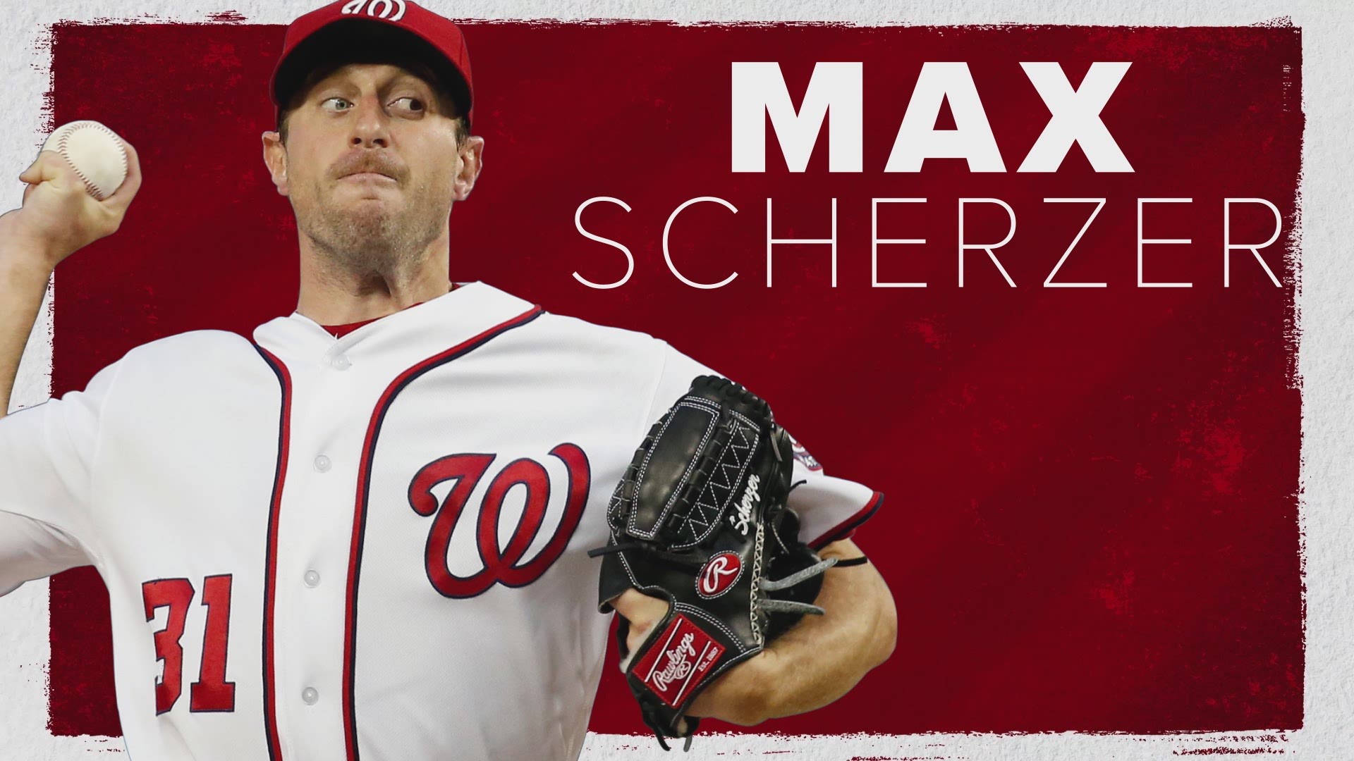 Max Scherzer 紅色數位藝術 壁紙 — 棒球投手 Max Scherzer 身穿白色球衣配紅色點綴，在帶紋理的紅色背景前投球。