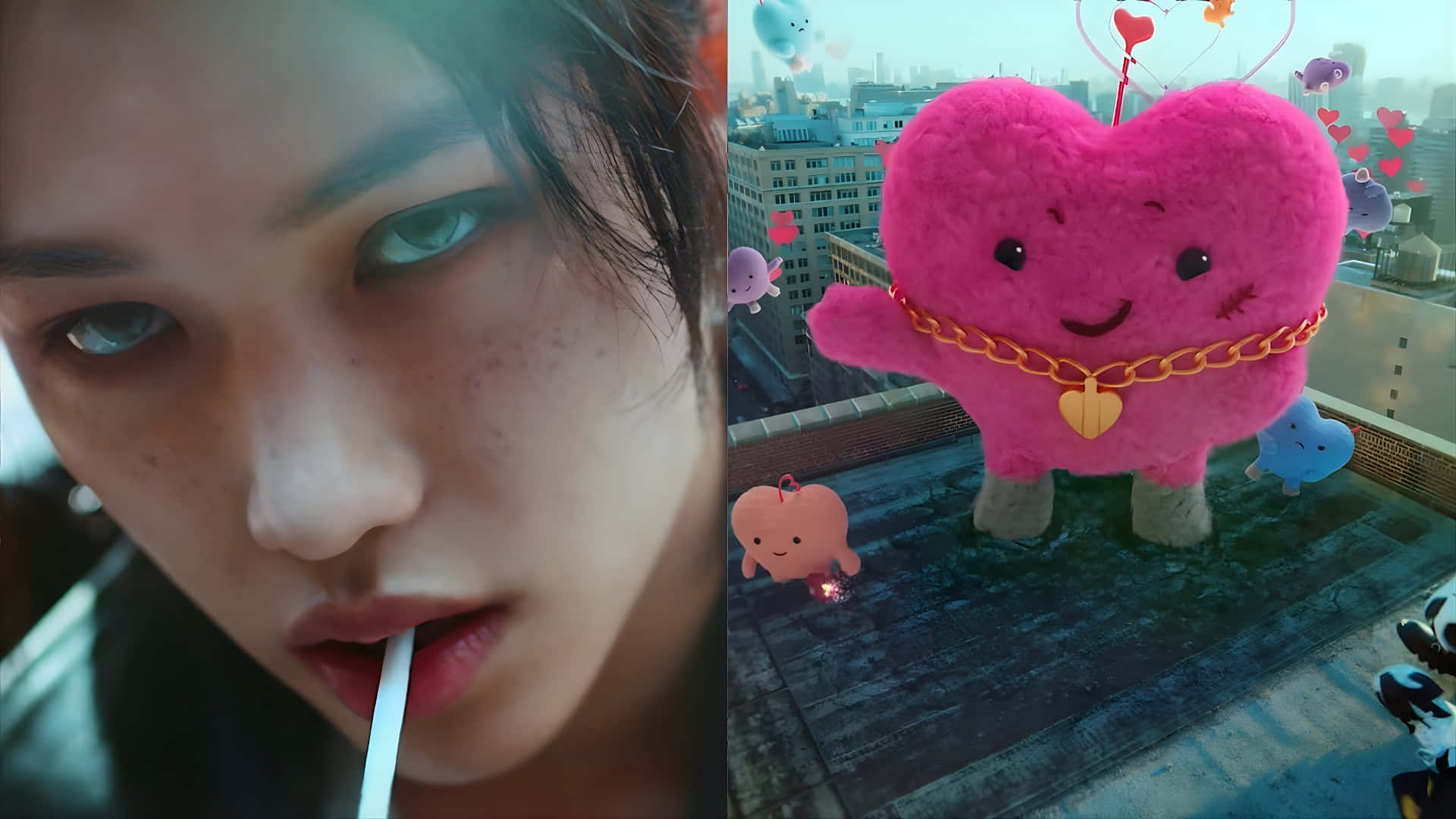 Maxident K-pop 概念 壁紙 — 一張分割圖片顯示一個人在屋頂上，旁邊有一個巨大的粉紅色毛絨心形角色，透過吸管喝東西，周圍有漂浮的心形。