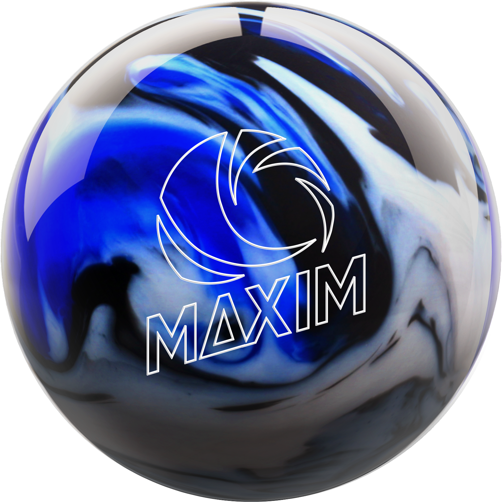 藍白MAXIM保齡球 壁紙 — 一個亮面藍白大理石紋保齡球，帶有白色輪廓標誌和 MAXIM 字樣，背景為黑色。