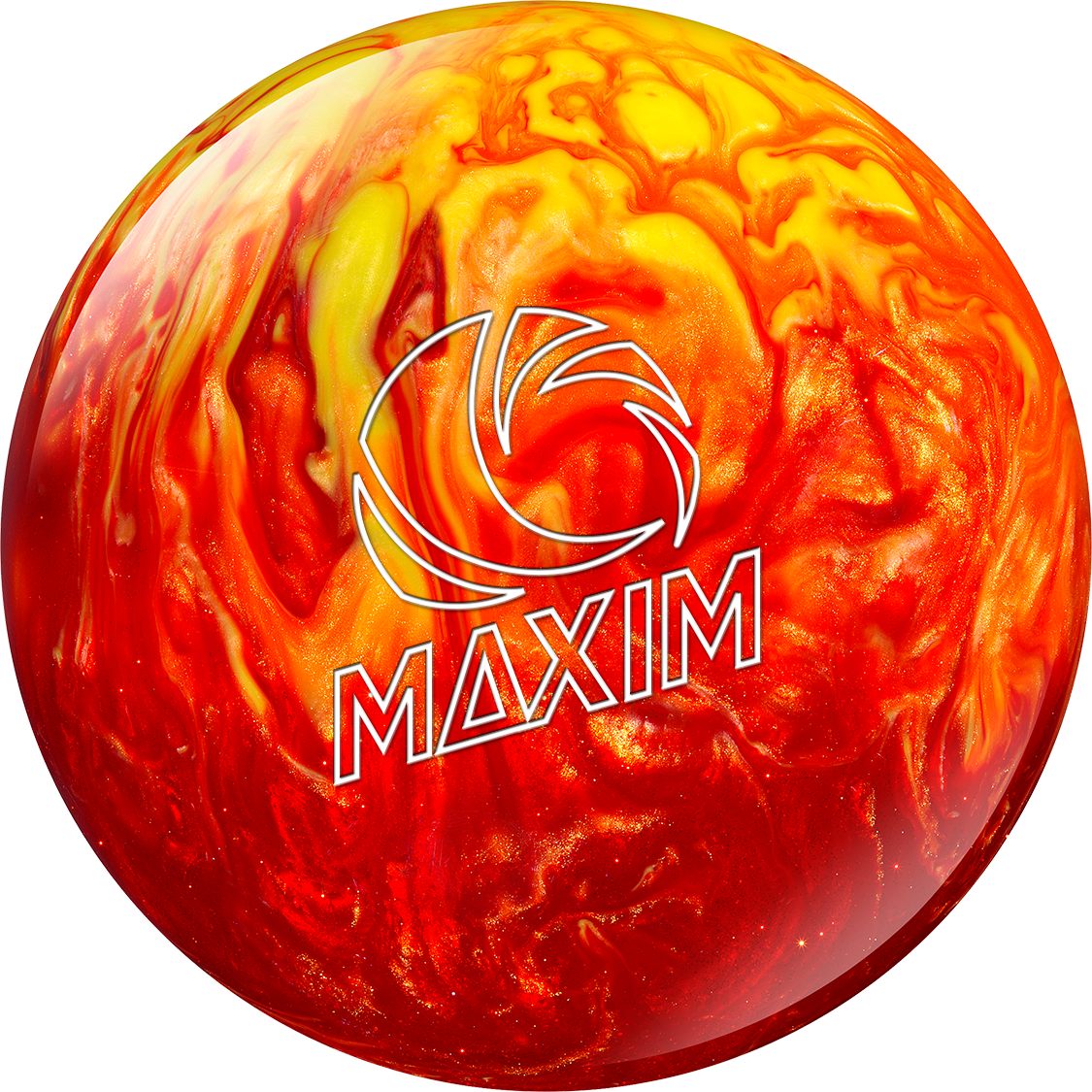 熾熱保齡球Maxim 壁紙 — 一個帶有紅色、橙色和黃色漩渦圖案及白色「MAXIM」標誌的光澤保齡球。