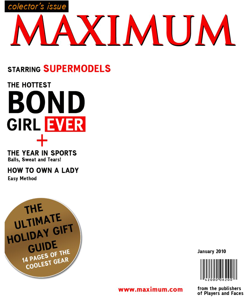 Maximum雜誌2010年1月封面 壁紙 — 黑色雜誌封面，帶有粗體紅色和白色文字，宣傳超模、邦德女郎和節日禮物指南。
