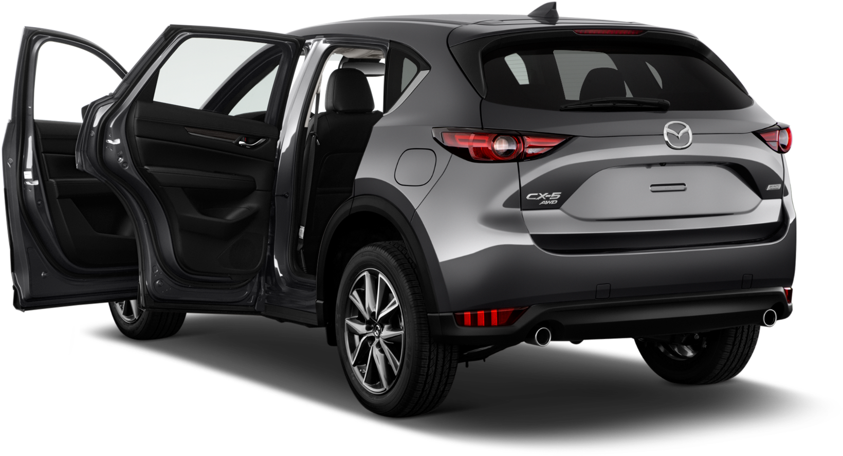 灰色Mazda CX-5敞開車門後視圖 壁紙 — 一輛時尚的銀色Mazda CX-5 SUV，車門打開，在黑色背景下展示其黑色內飾。