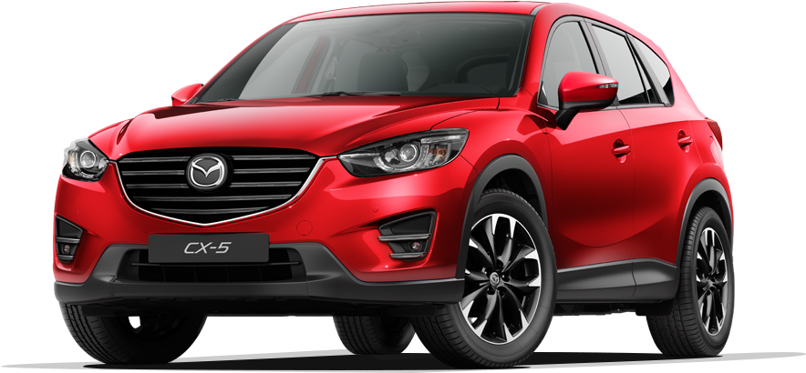 紅色Mazda CX-5 SUV側面視圖 壁紙 — 一輛光澤的紅色Mazda CX-5 SUV在黑色背景前以銳利燈光拍攝的攝影棚照片。