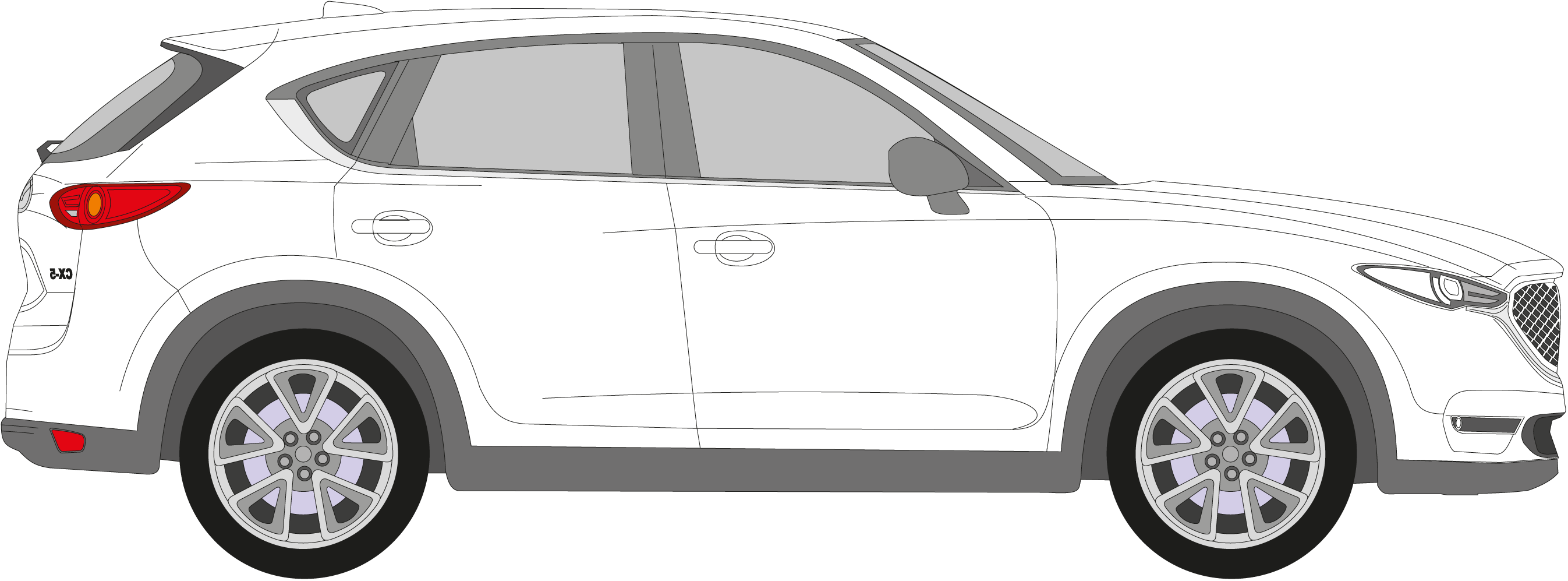 白色Mazda CX-5 SUV側面向量插圖 壁紙 — 一輛潔淨的白色SUV側面輪廓，帶紅色尾燈和銀色輪圈，背景為黑色。