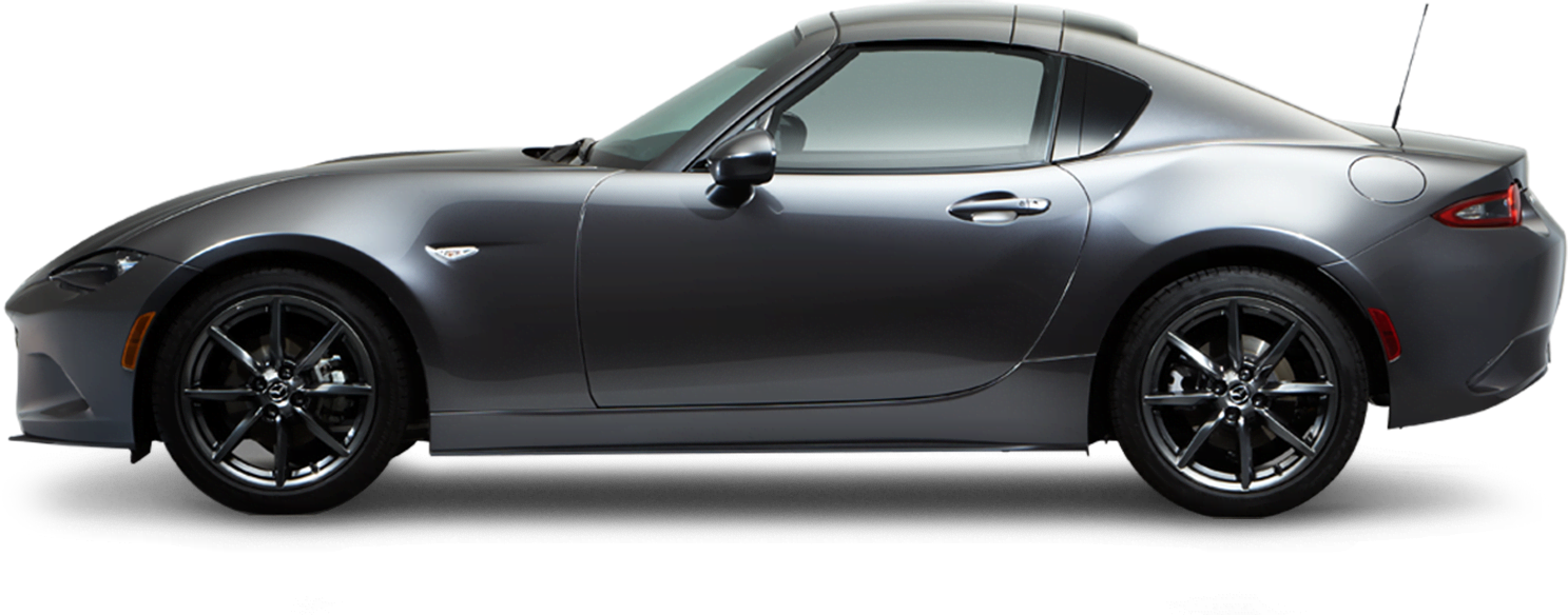 銀色Mazda MX-5 Miata側面視圖 壁紙 — 一輛時尚的銀色跑車，帶有黑色輪圈和紅色尾燈，在黑色背景上以側面輪廓展示。