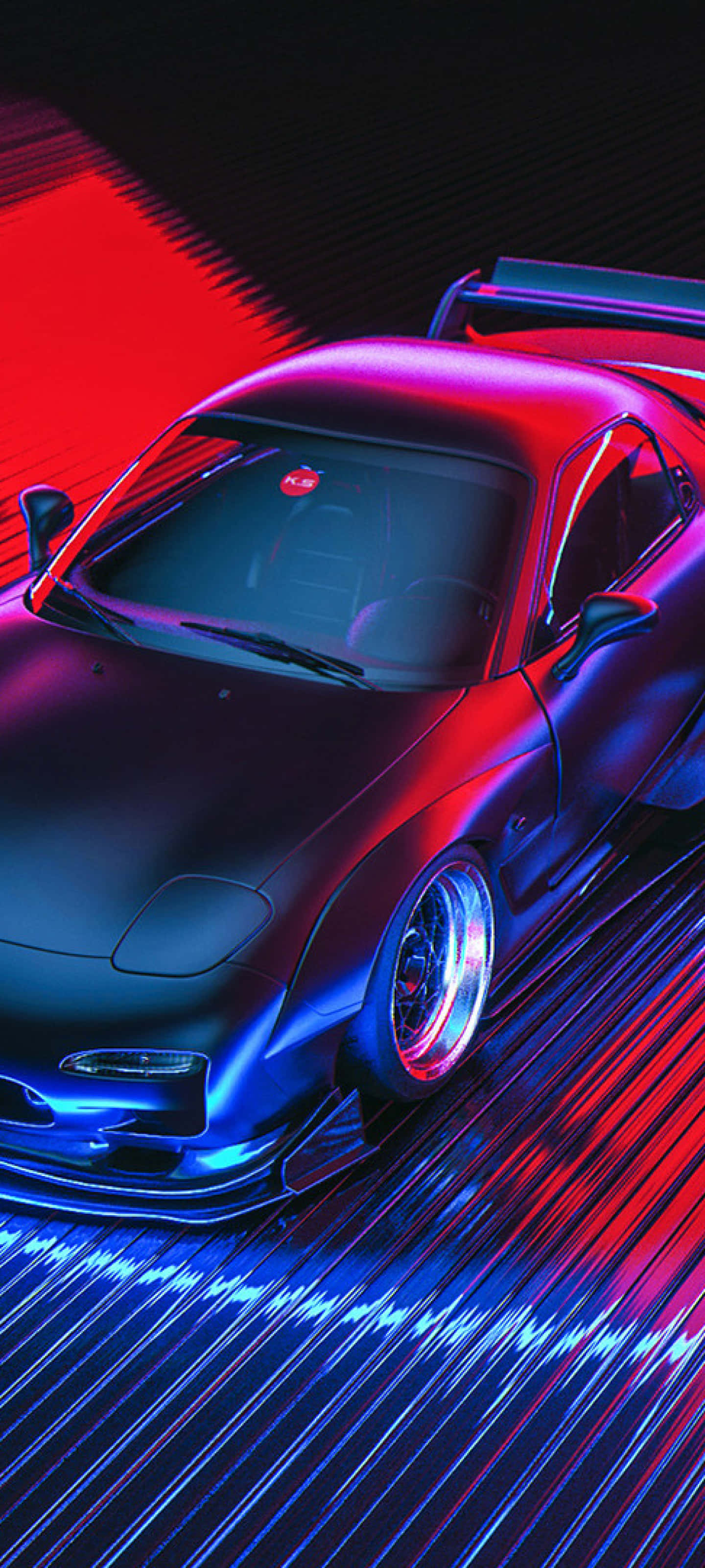 Mazda RX-7 Pixel 3 需求速度熱背景 壁紙 — 一輛時尚的黑色跑車在霓虹燈閃爍的都市夜晚中滑行，紅色和藍色的光帶在車底飛馳。