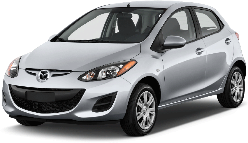 銀色Mazda2掀背車側面視圖 壁紙 — 時尚銀色Mazda 2掀背車，在工作室燈光下以純白背景展示。