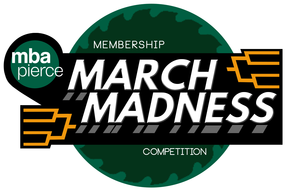 MBA Pierce三月瘋狂籃球會籍競賽 壁紙 — MBA Pierce March Madness 會員比賽的大膽圖形標誌，帶有綠色圓形背景和橙色括號圖標。